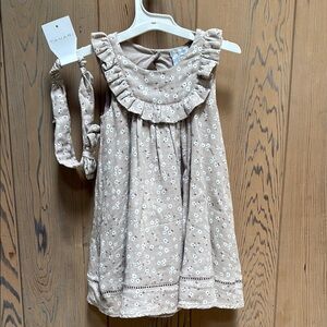 NWT. Linen Floral Ruffle Dress & Headband